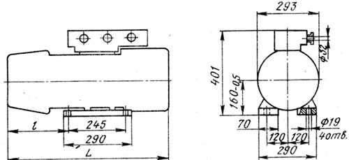 Рис.2. Габаритные размеры электромашинных усилителей ЭМУ-25 и ЭМУ-50 с расположением коробки выводов сверху