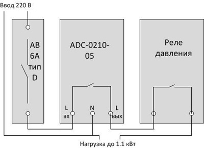 Рис.1.Схема включения и монтажа реле ADC-0210-05