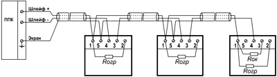 Рис.1. Схема подключения извещателей «Артон-ИПД-3.10МК» с базами Б90МК к ППКП с постояннотоковым питанием ШПС