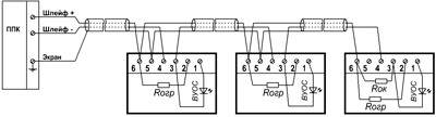 Рис.2. Схема подключения извещателей «Артон-ИПД-3.10МК» с базами Б90МК/1 к ППКП с постояннотоковым питанием ШПС и ВУОС