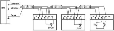 Рис.3. Схема подключения извещателей «Артон-ИПД-3.10МК» с базами Б90МК/1 к ППКП со знакопеременным питанием ШПС и ВУОС