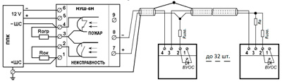 Рис.3. Схема подключения извещателей АРТОН-ИПД-3.1М к охрано-пожарным ППКП с помощью модуля МУШ-6М