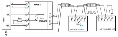 Рис.3. Схема подключения извещателей АРТОН-ИПД-3.1MТ к ППКП посредством МУШ-2