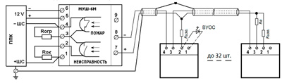 Рис.3. Схема подключения извещателей СПД-3 к ППКП с помощью модуля МУШ-6М