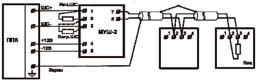 Рис.2.Схема подключения извещателей в четырехпроводный ШС посредством модуля МУШ-2