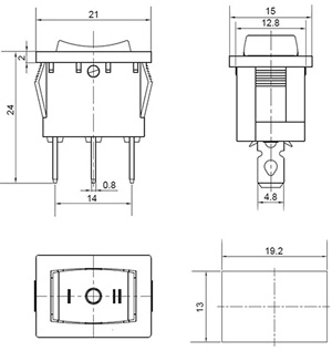 Рис.1. Схема габаритных размеров переключателя KCD1-2-103 на 3 положения