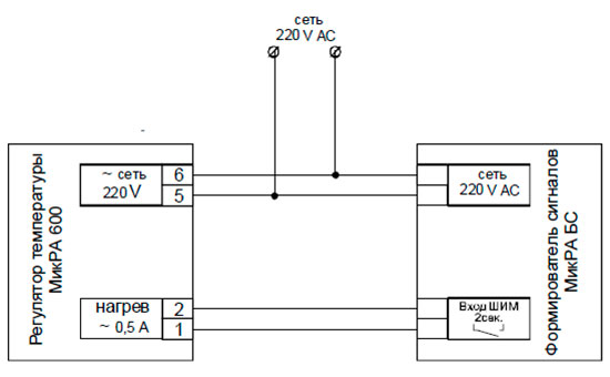Рис.1. Схема соединения регулятора температуры МикРА 600 и формирователя унифицированных сигналов постоянного тока МикРА БС