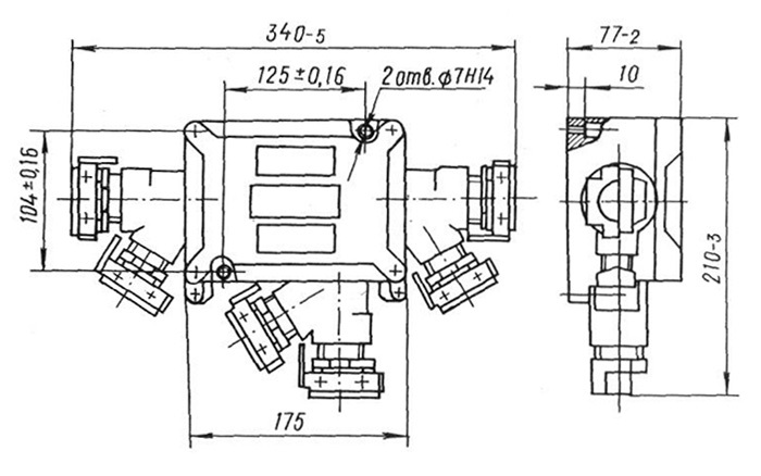 Схематическое изображение размеров и расположения кабельных вводов ящика клеммного ЯК-163132