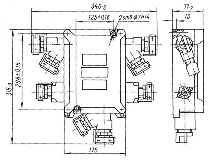 Схематическое изображение размеров и расположения кабельных вводов ящика клеммного ЯК-245132