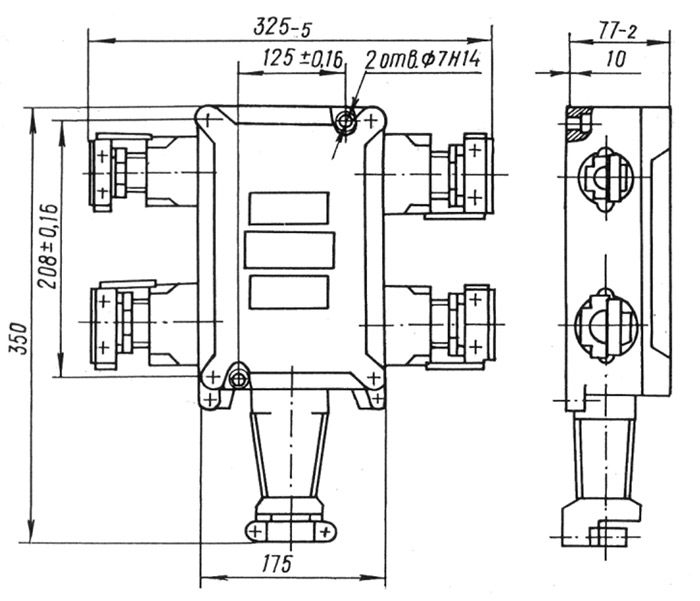 Схематическое изображение размеров и расположения кабельных вводов ящика клеммного ЯК-32113213