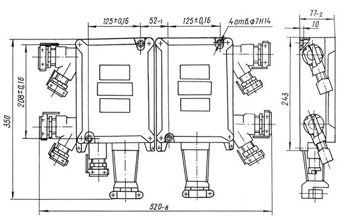 Схематическое изображение размеров и расположения кабельных вводов ящика клеммного ЯК-32514223