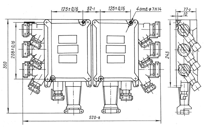 Схематическое изображение размеров и расположения кабельных вводов ящика клеммного ЯК-48816223