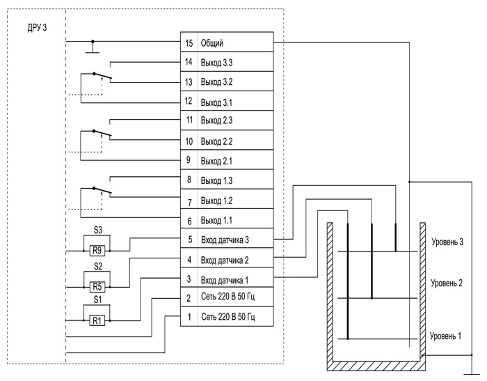 Схема подключения датчика-реле уровня жидкости ДРУ-3